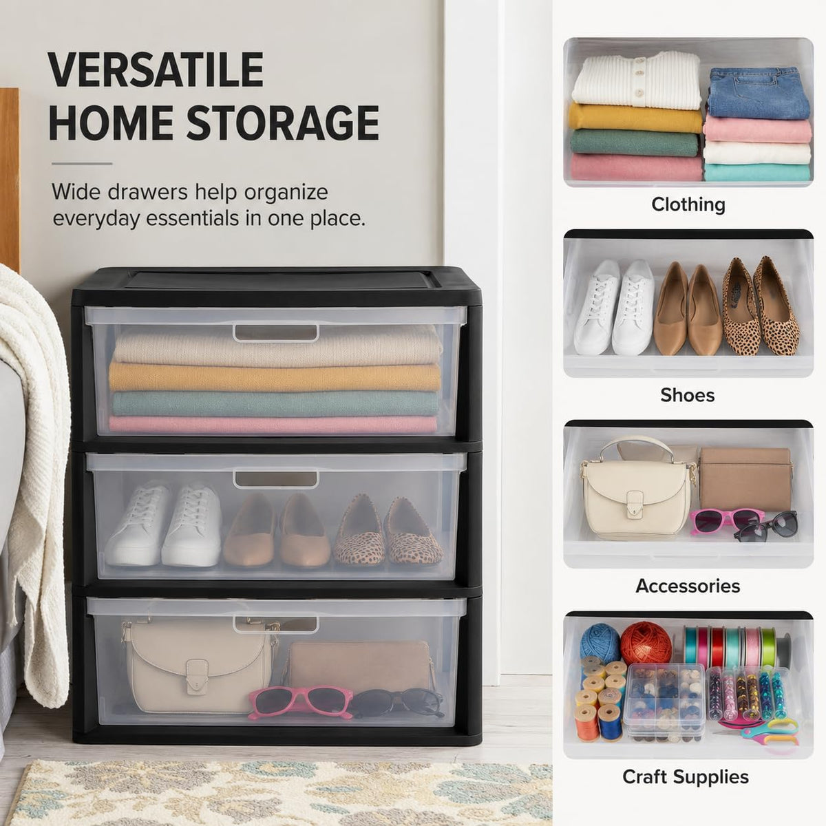3 Drawer Storage Tower with Clear Bins O7143