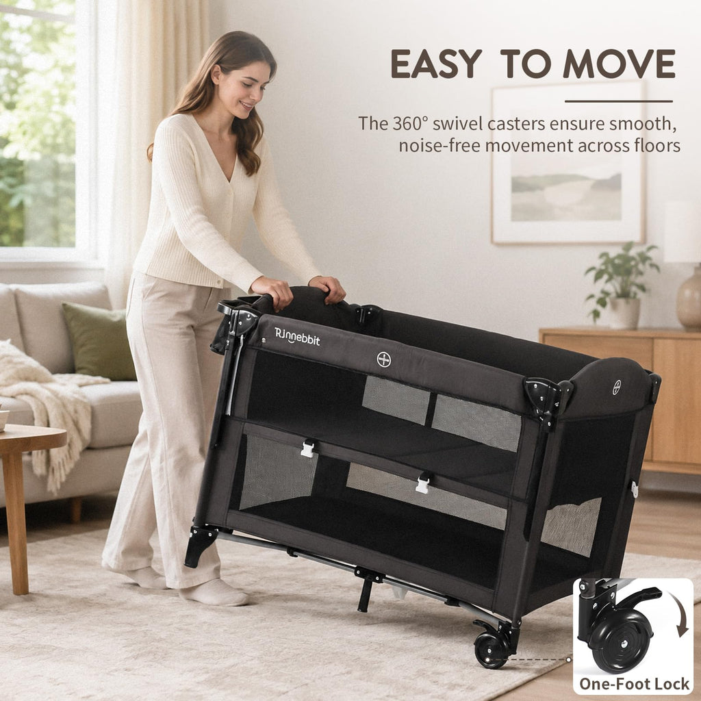4-in-1 Pack and Play, Baby Bassinet Bedside Sleeper, Black T428