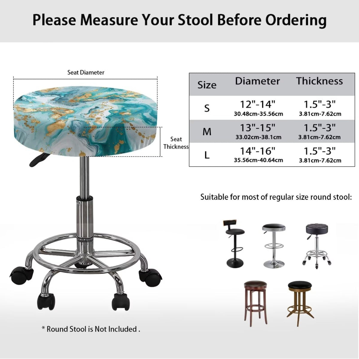 Teal Gold Marble 2 Pack Round Bar Stool Seat Cover F479095