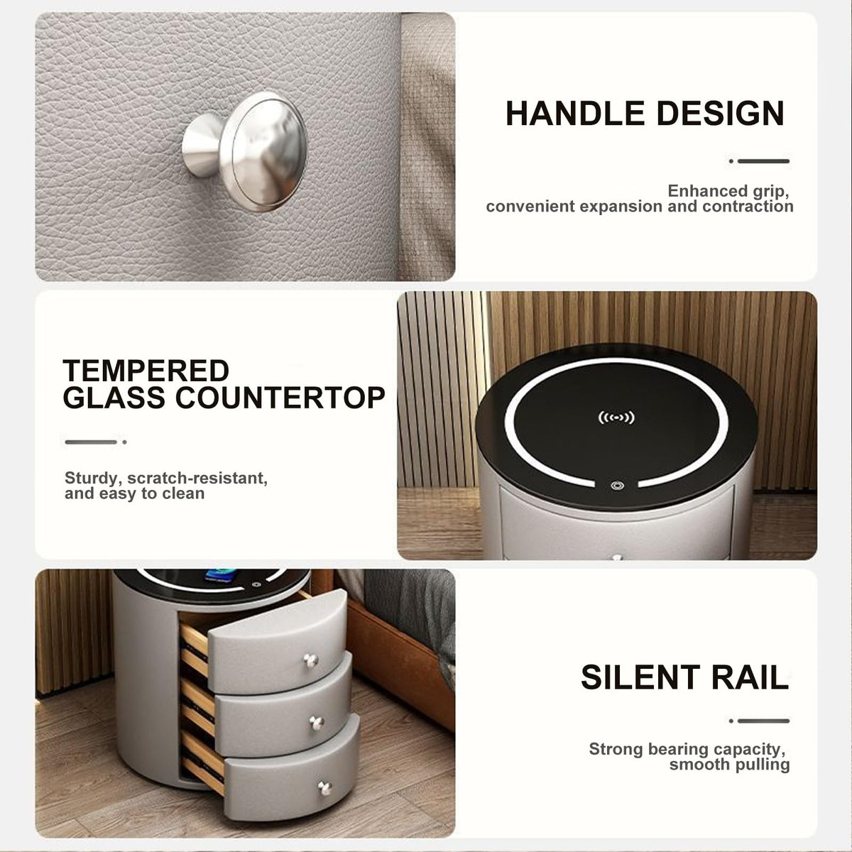 White 3 Drawer PU Leather Nightstand with Wireless Charging and LED Lights I73096