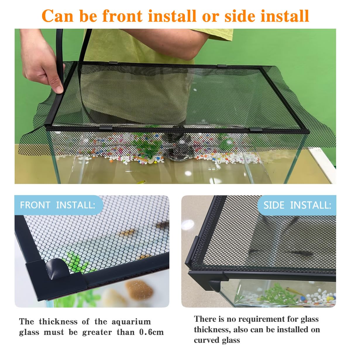 Magnetic Fish Tank Cover with Feeding Window Dark Grey Frame Grey Fiberglass Net O686997