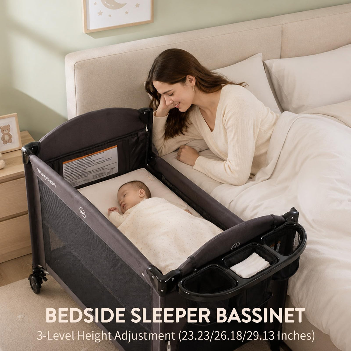 4-in-1 Pack and Play, Baby Bassinet Bedside Sleeper, Black T428