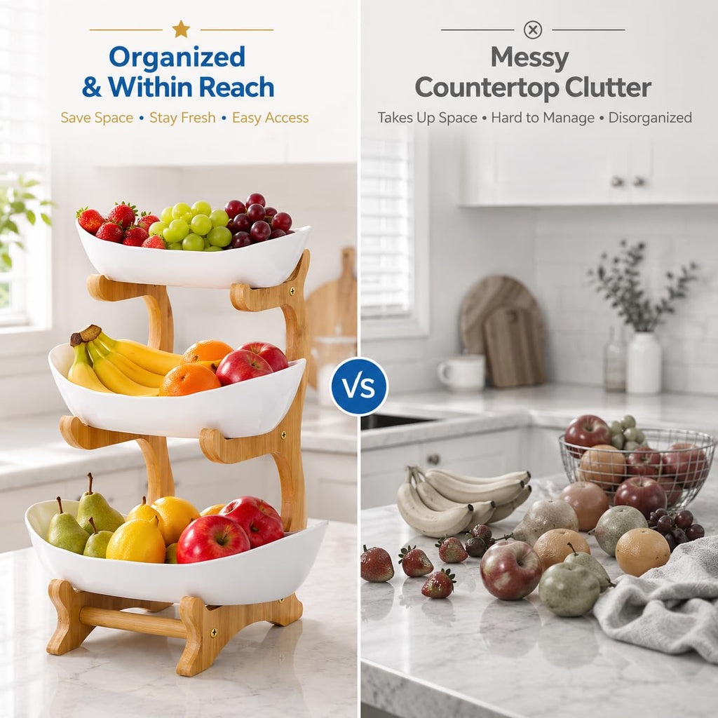 3-Tier Plastic Fruit Bowl Basket with Bamboo Stand L46358