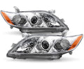 Pair Headlights Assembly Compatible With 2007-2009 Toyota Camry Driver Passenger Side Halogen Chrome Housing Clear Lens B116