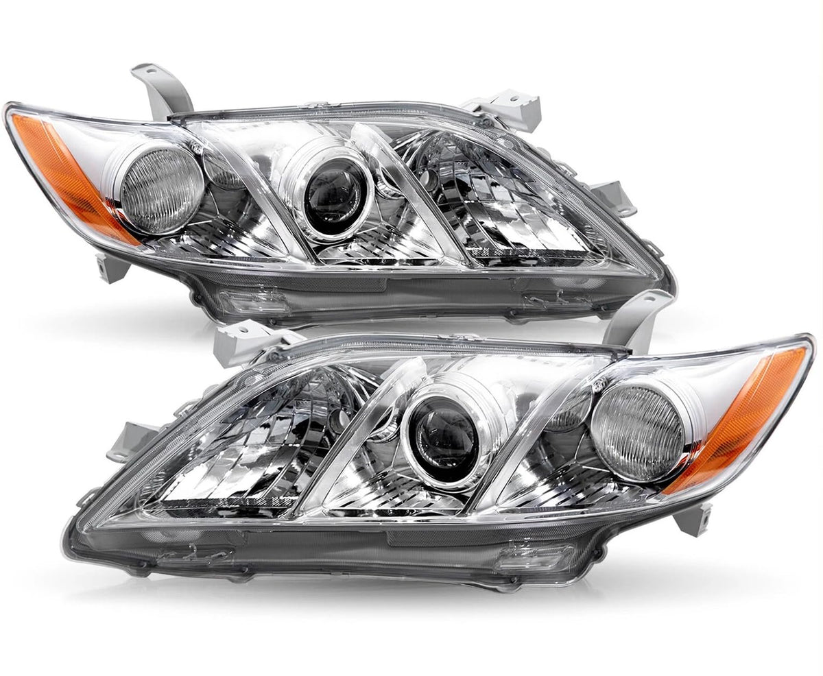 Pair Headlights Assembly Compatible With 2007-2009 Toyota Camry Driver Passenger Side Halogen Chrome Housing Clear Lens B116