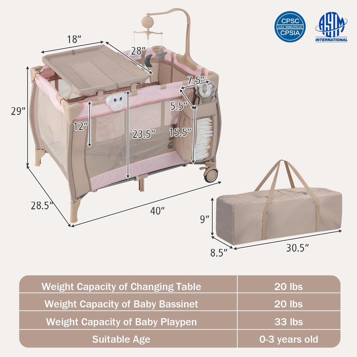 3 in 1 Portable Baby Playard with Bassinet and Changing Table C1635