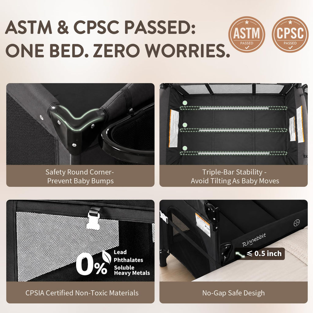 4-in-1 Pack and Play, Baby Bassinet Bedside Sleeper, Black T428