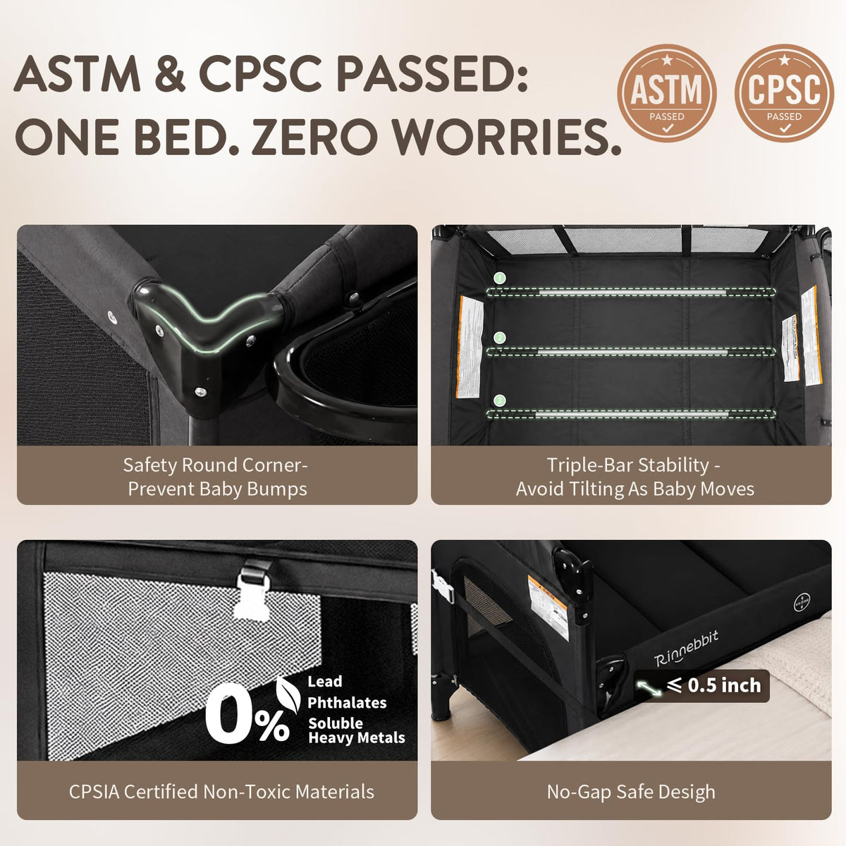 4-in-1 Pack and Play, Baby Bassinet Bedside Sleeper, Black T428
