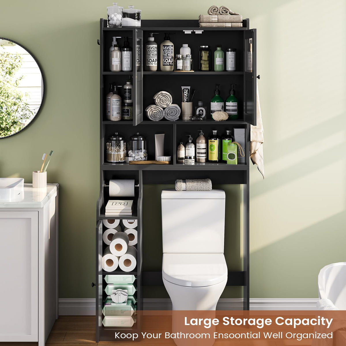 Over The Toilet Storage Cabinet with Glass Doors & Toilet Paper Holder Stand J7884