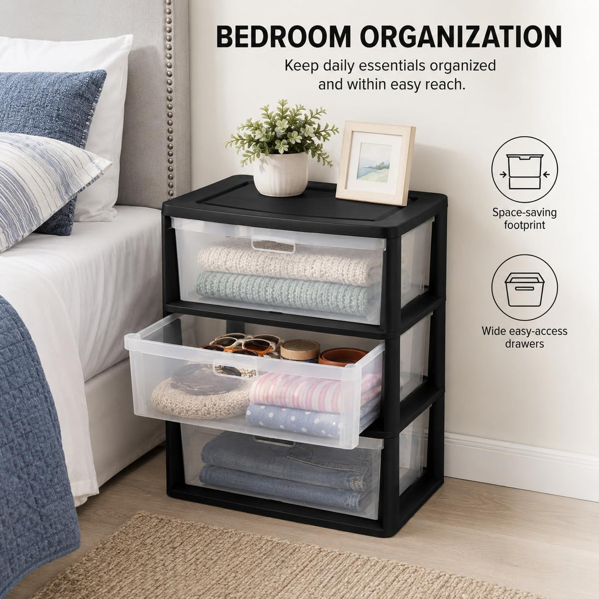3 Drawer Storage Tower with Clear Bins O7143