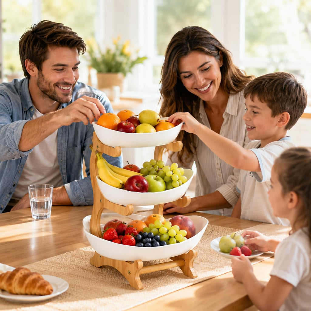 3-Tier Plastic Fruit Bowl Basket with Bamboo Stand L46358