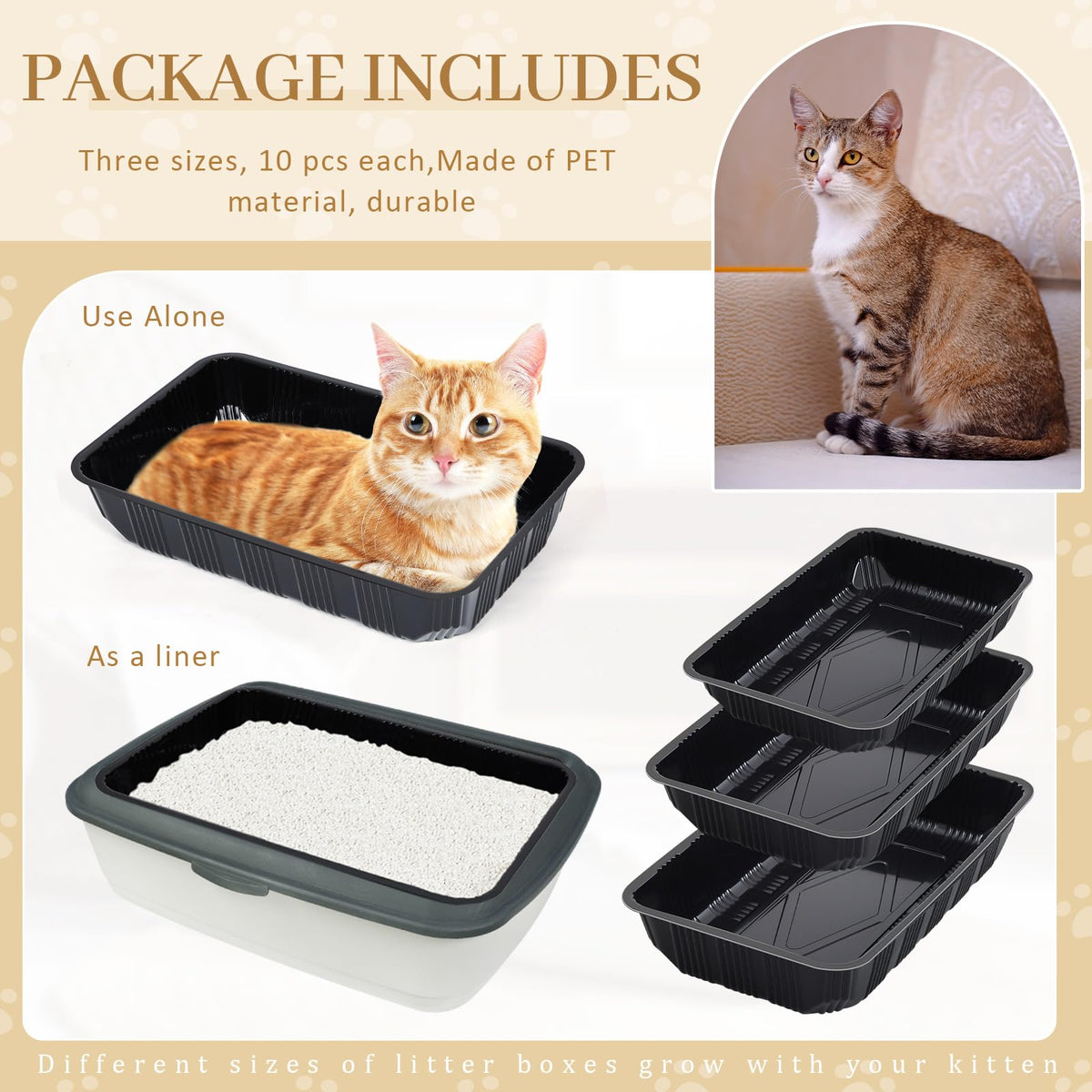 30 Pcs Disposable Plastic Cat Litter Trays 3 Sizes Black Q9219
