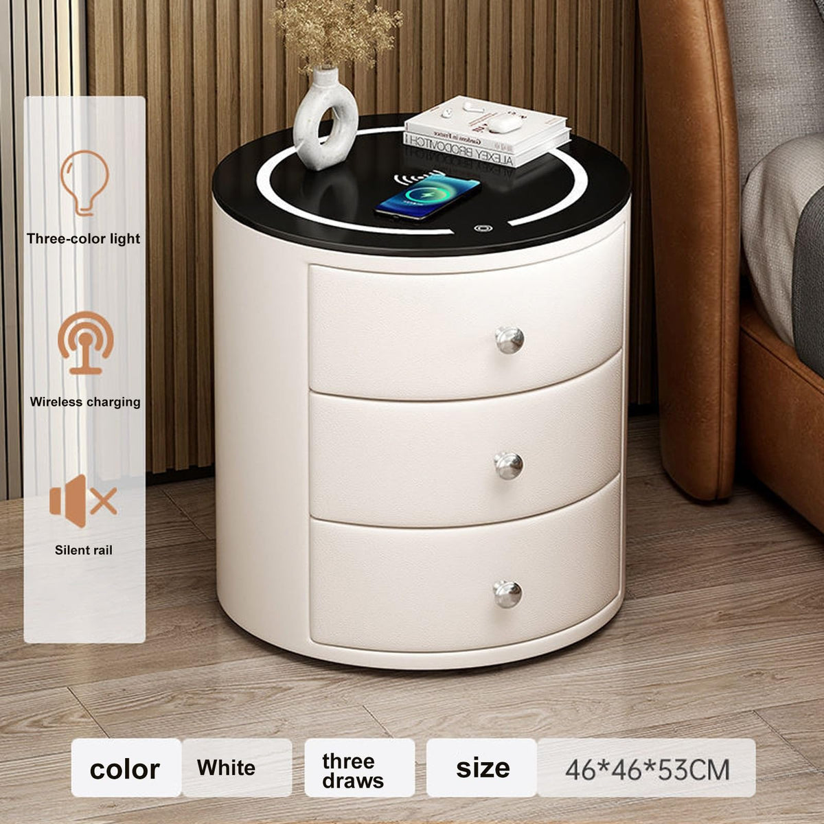 White 3 Drawer PU Leather Nightstand with Wireless Charging and LED Lights I73096