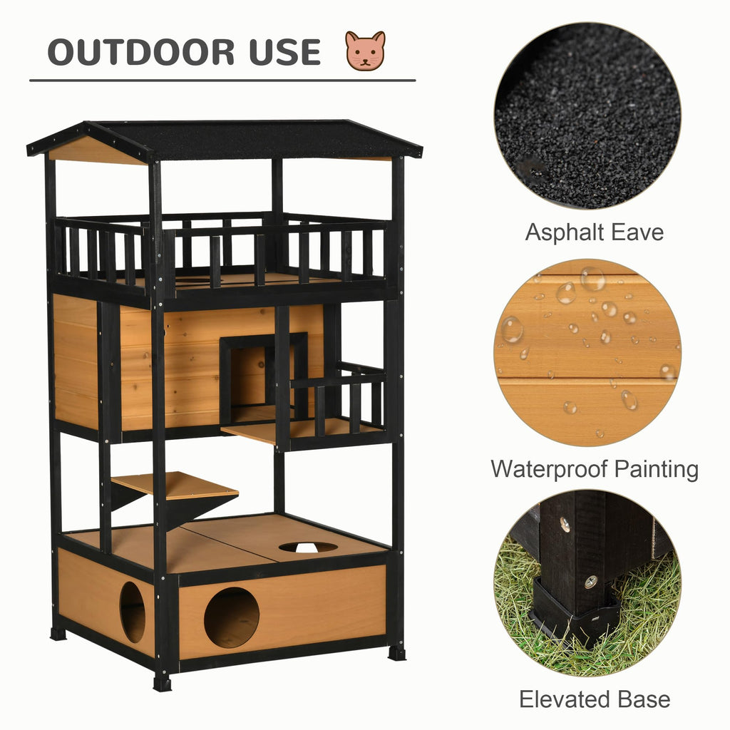 3-Story Wooden Outdoor Cat House with Raised Floor J24371