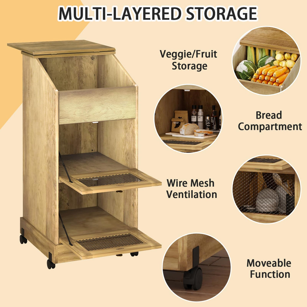 3 Tier Wooden Potato and Onion Storage Bin with Wheels V55497