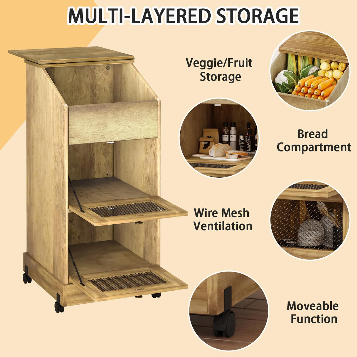 3 Tier Wooden Potato and Onion Storage Bin with Wheels V55497