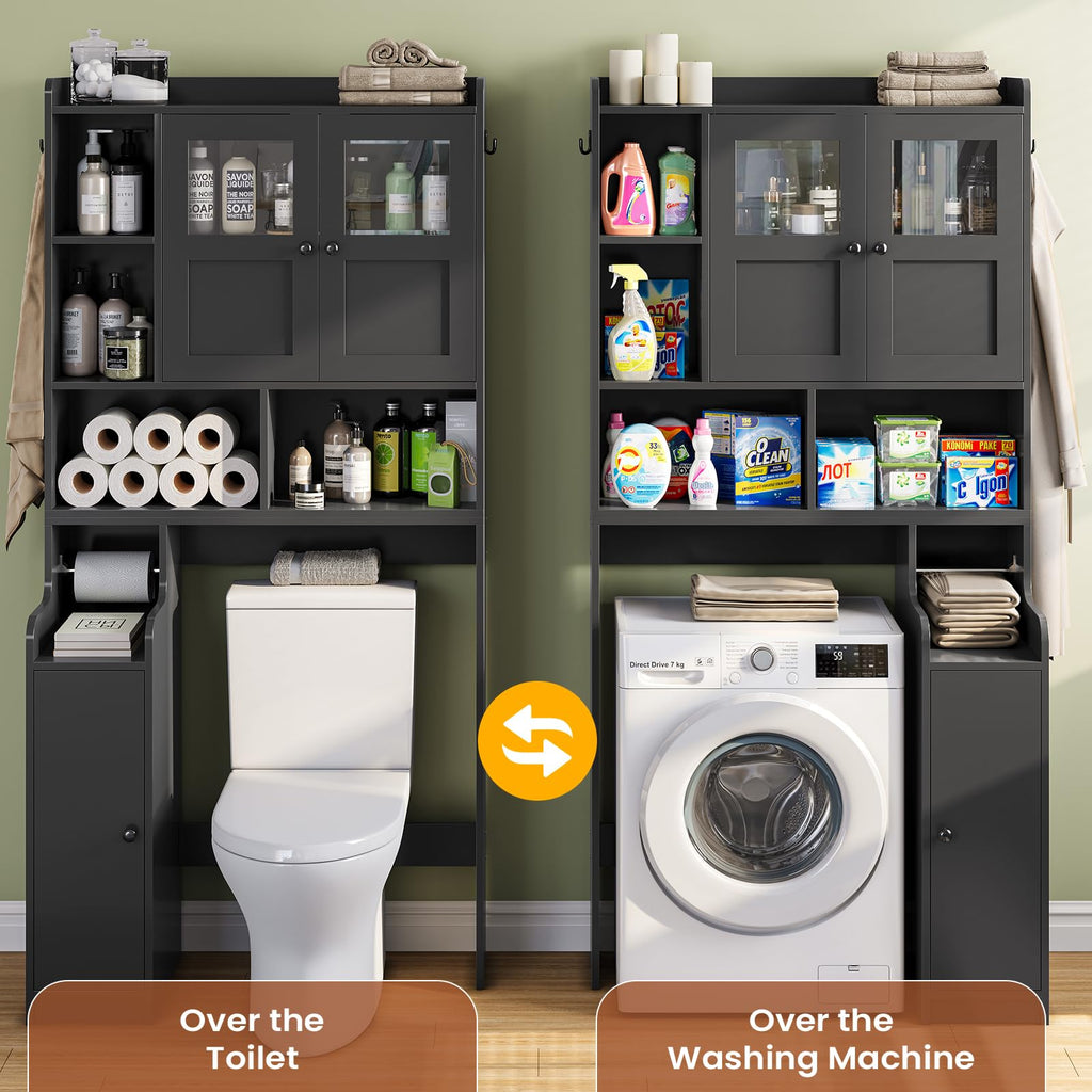 Over The Toilet Storage Cabinet with Glass Doors & Toilet Paper Holder Stand J7884