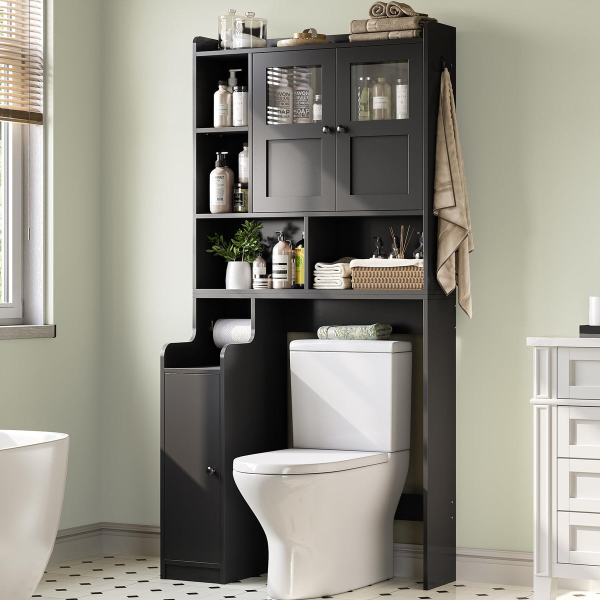 Over The Toilet Storage Cabinet with Glass Doors & Toilet Paper Holder Stand J7884