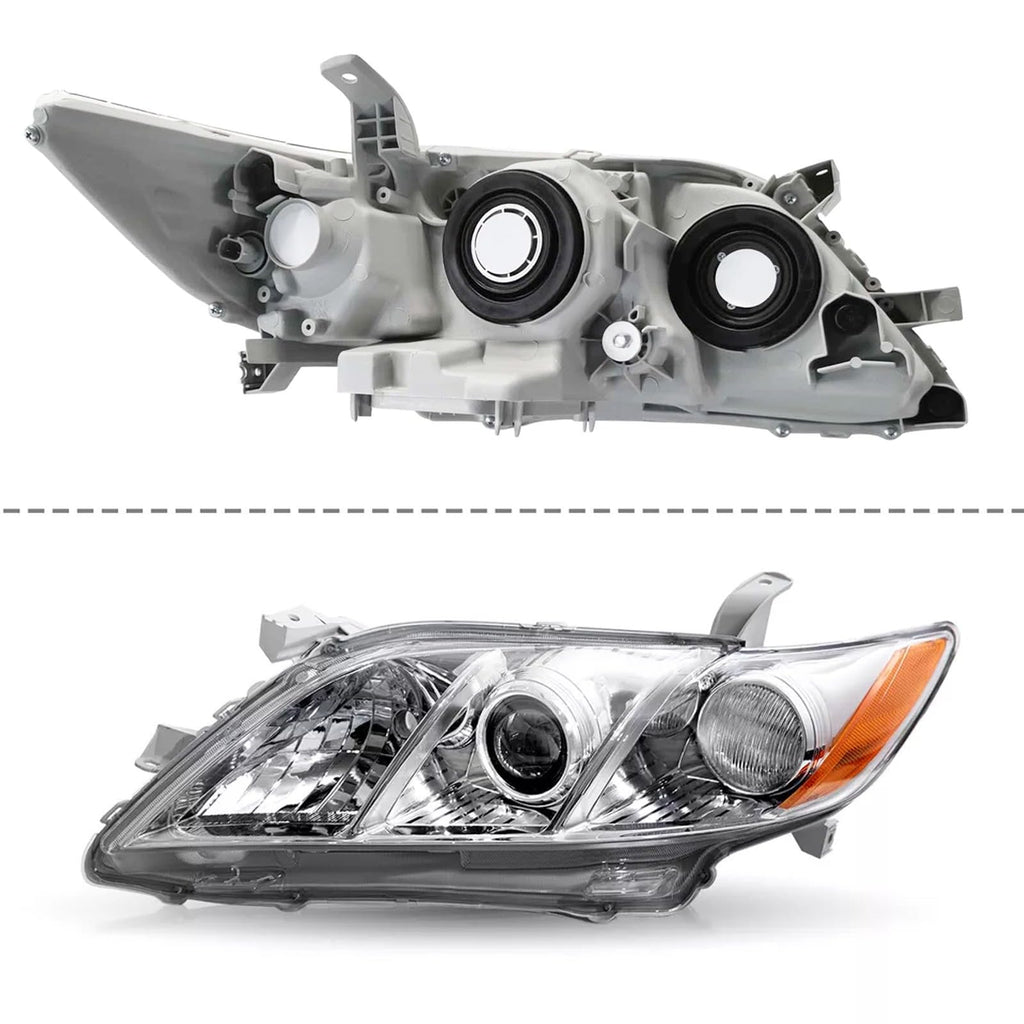 Pair Headlights Assembly Compatible With 2007-2009 Toyota Camry Driver Passenger Side Halogen Chrome Housing Clear Lens B116