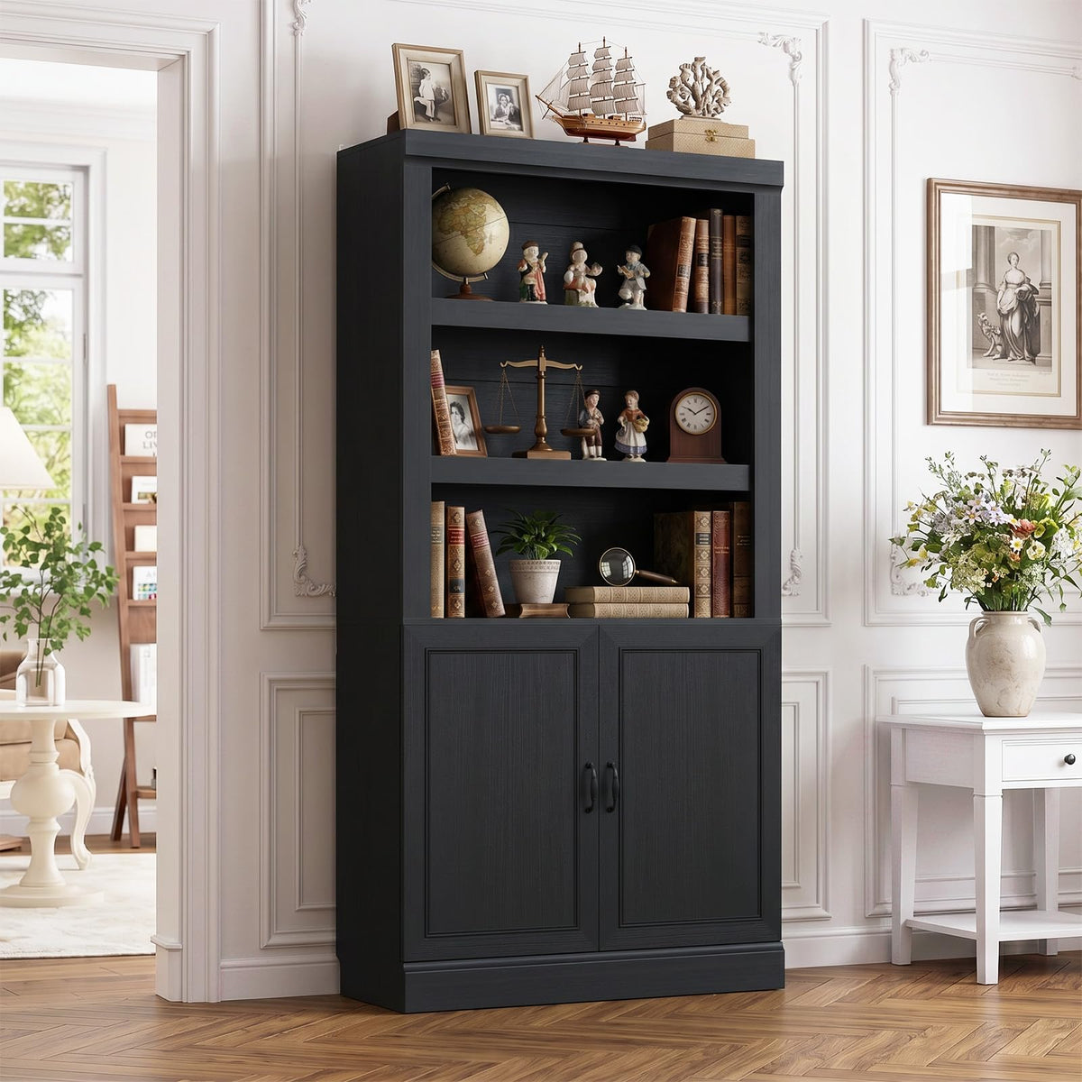 71" Tall Black Bookshelf with Doors and Adjustable Shelves Z898