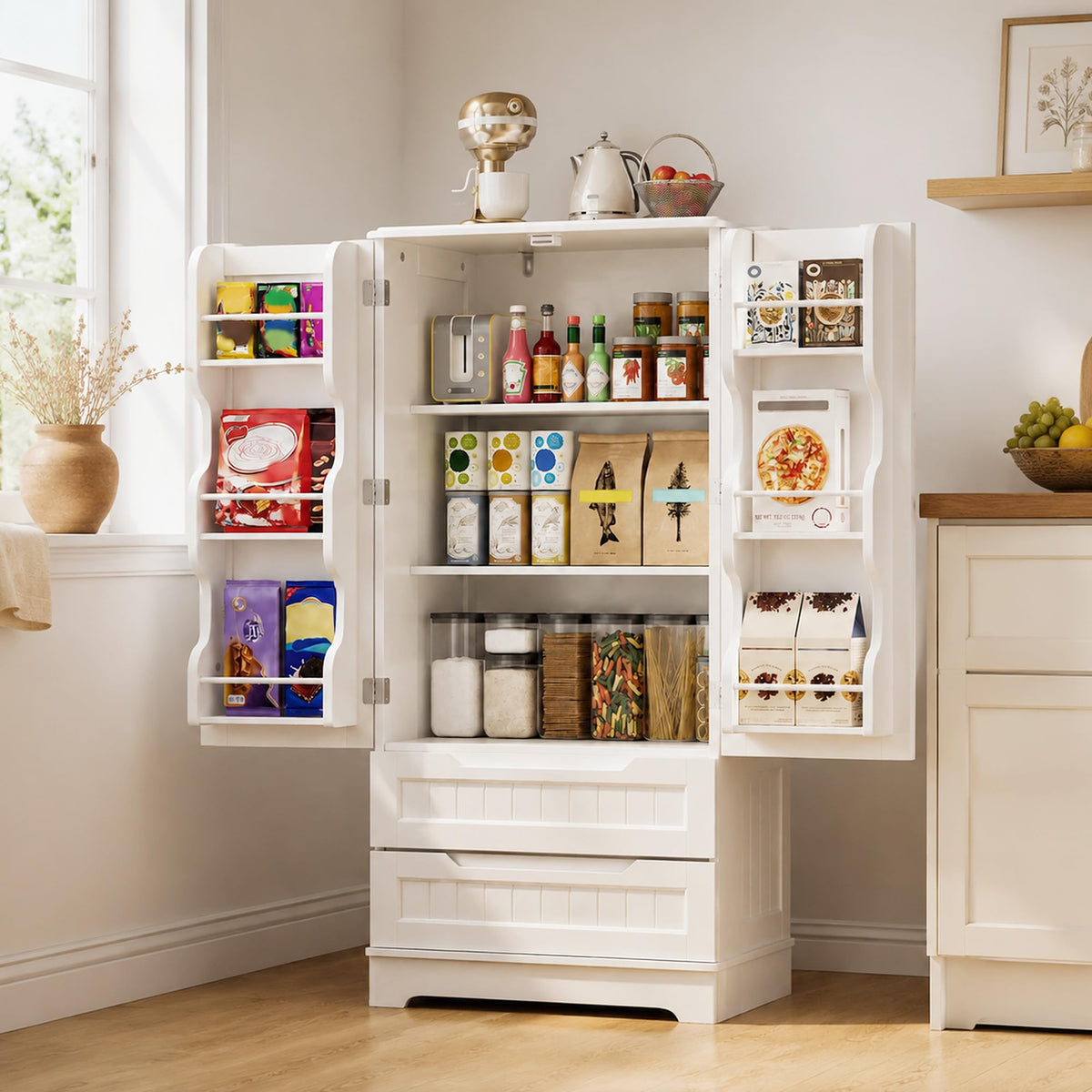 White Pantry Cabinet with 2 Drawers and 6 Door Shelves Z885932
