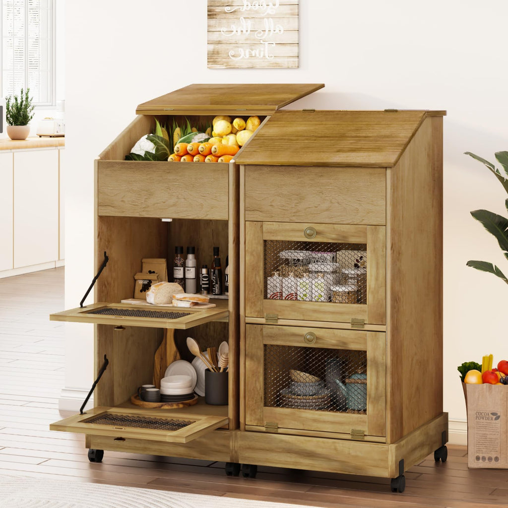 3 Tier Wooden Potato and Onion Storage Bin with Wheels V55497