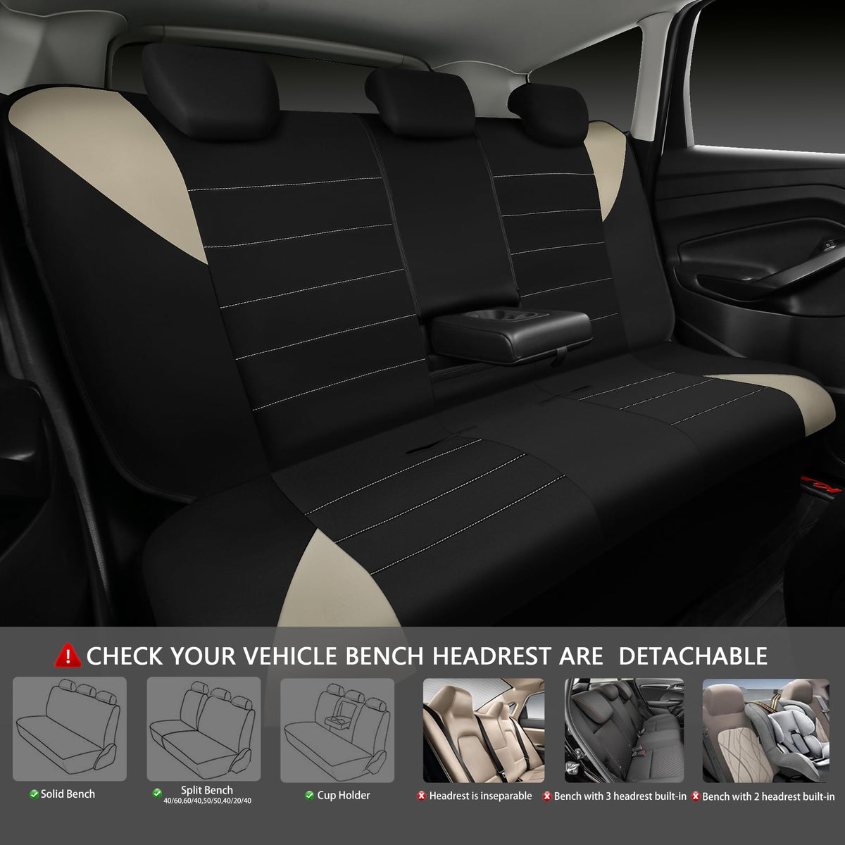 Waterproof Car Seat Covers Full Set Black and Beige J927846