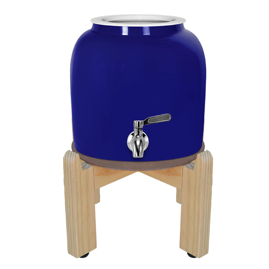Porcelain Ceramic Crock Water Dispenser with Wood Stand and Stainless Steel Faucet O74190