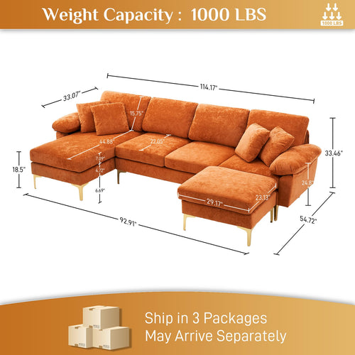 114" U-Shaped Velvet Sectional Couch with Ottoman L621