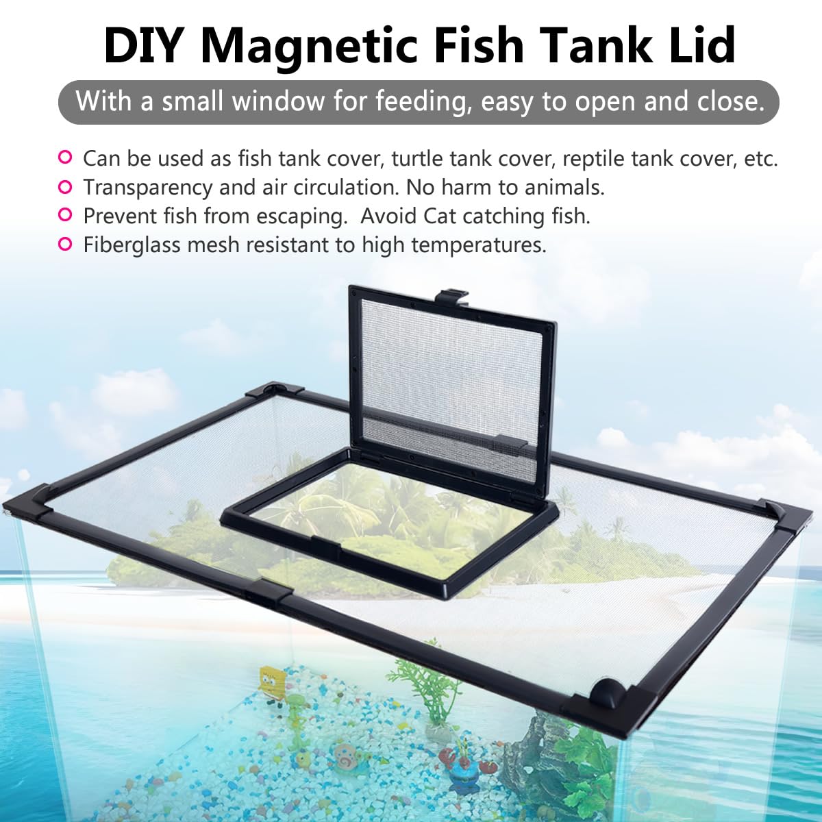 Magnetic Fish Tank Cover with Feeding Window Dark Grey Frame Grey Fiberglass Net O686997