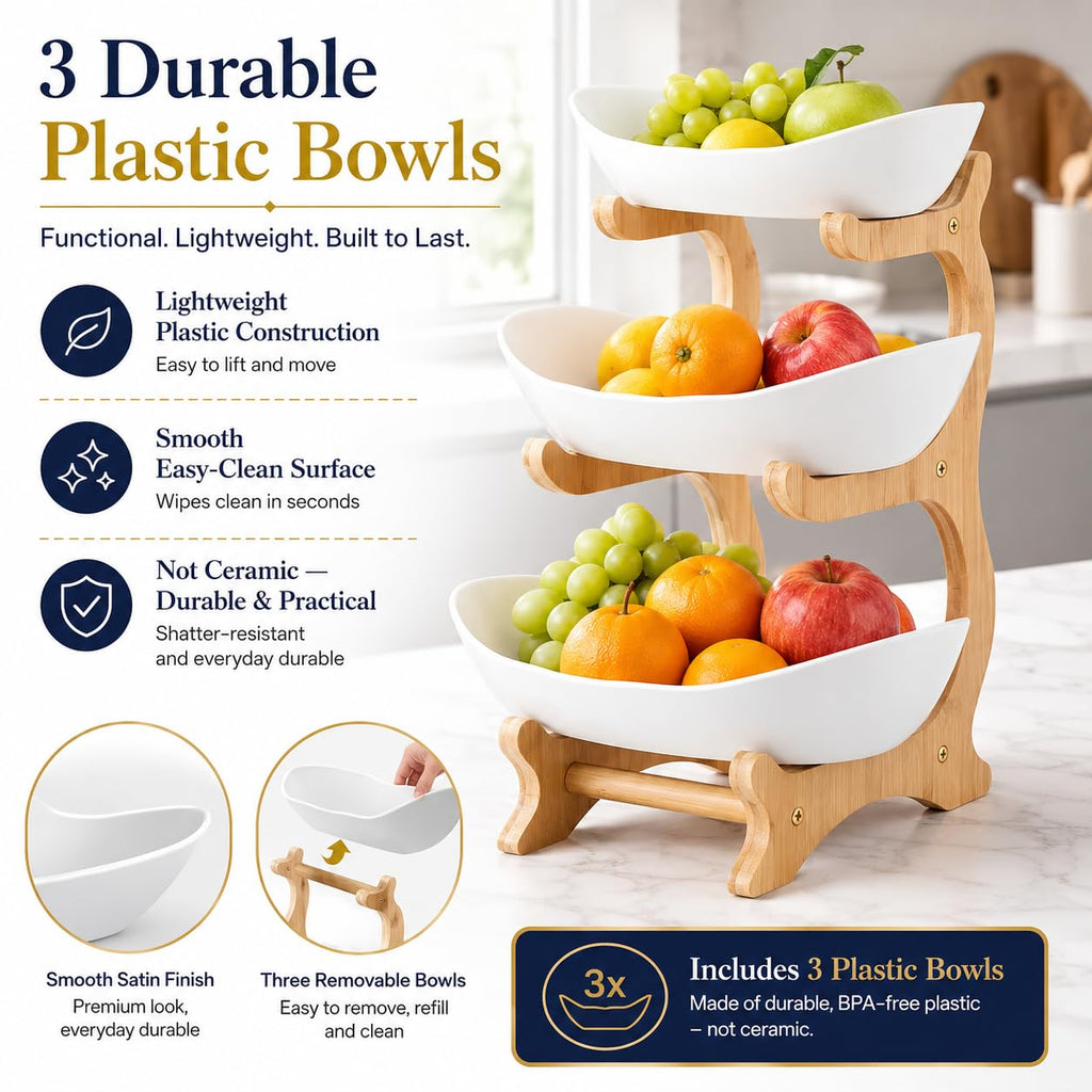 3-Tier Plastic Fruit Bowl Basket with Bamboo Stand L46358