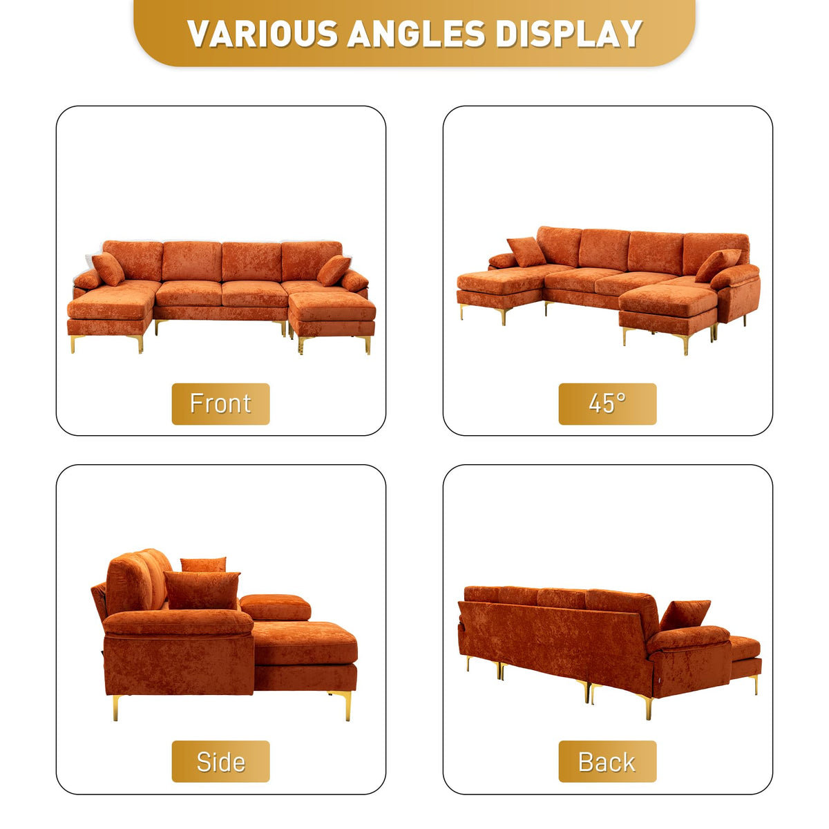 114" U-Shaped Velvet Sectional Couch with Ottoman L621