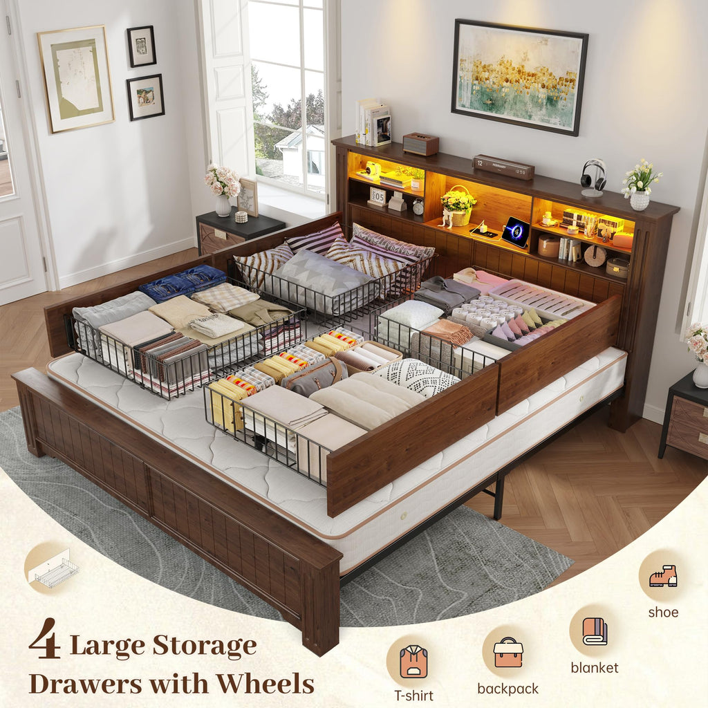 King Bed Frame with 4 Storage Drawers and Headboard Shelf, Brown W531031