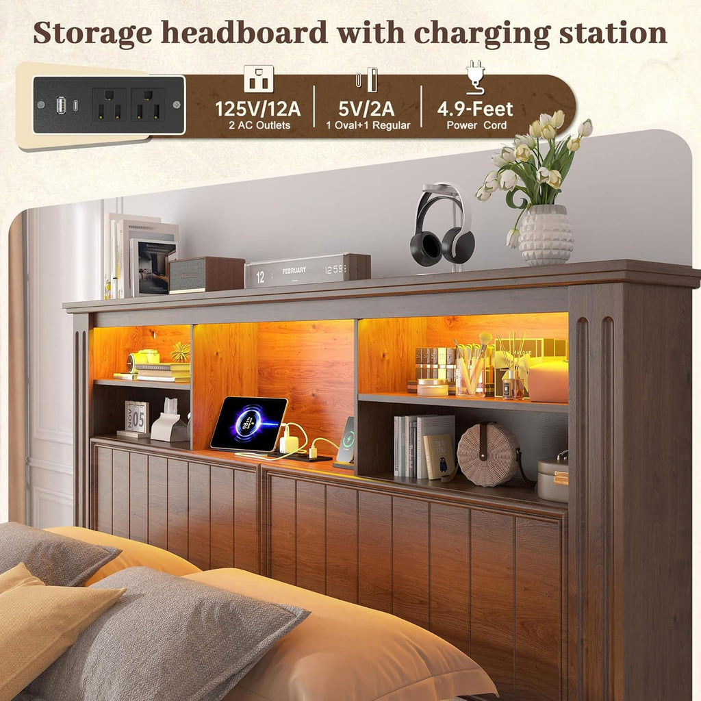 King Bed Frame with 4 Storage Drawers and Headboard Shelf, Brown W531031