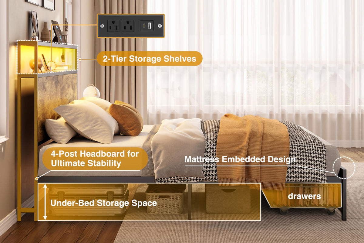 Queen Metal Bed Frame with Storage Headboard and 2 Drawers X59742