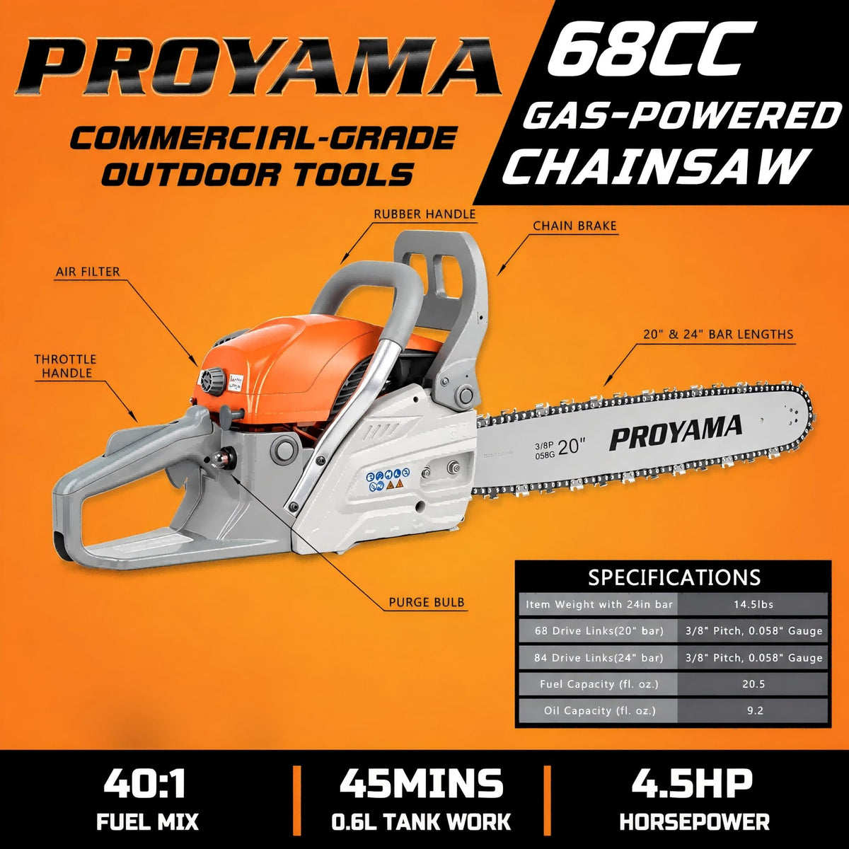 68CC Gas Powered Chainsaw L520