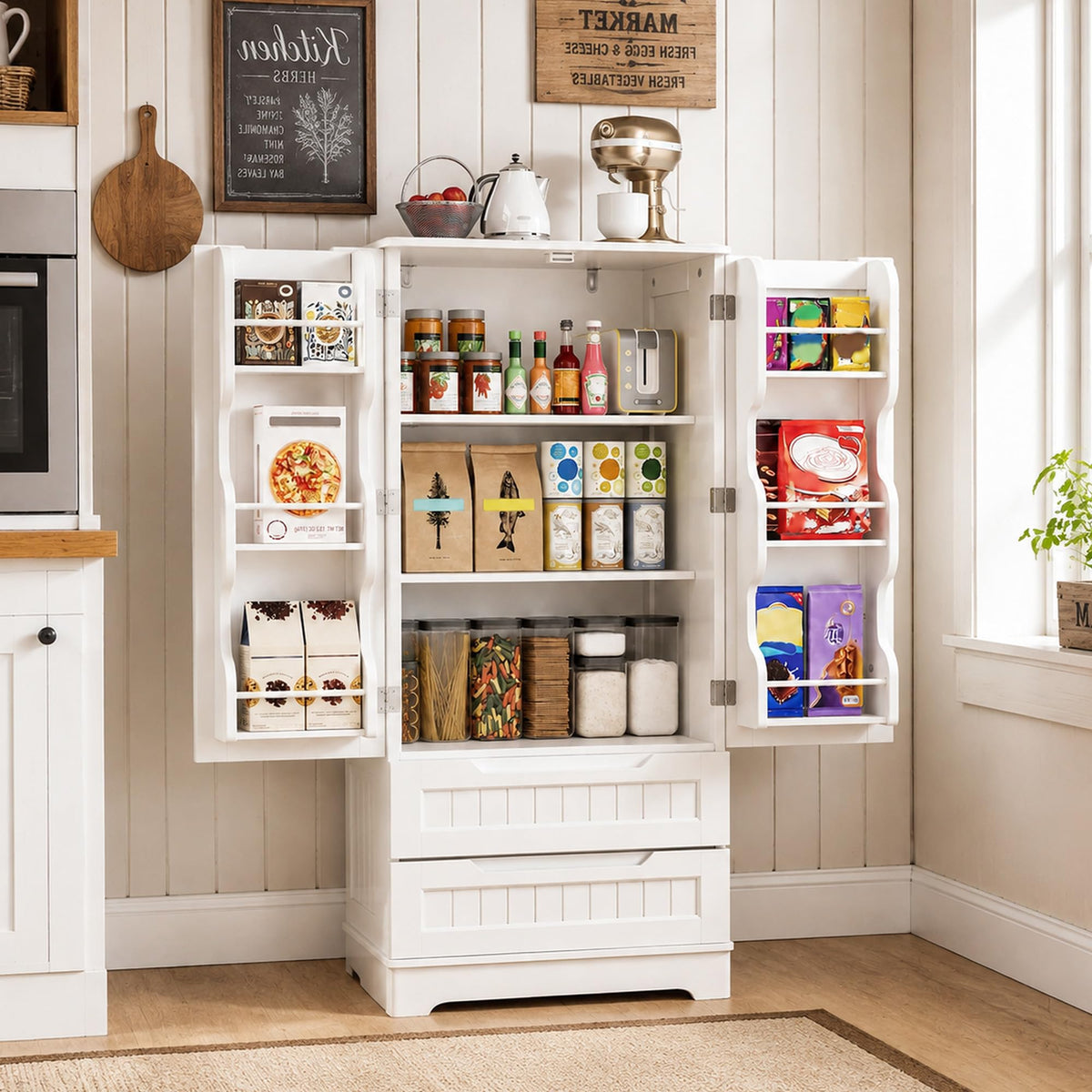 White Pantry Cabinet with 2 Drawers and 6 Door Shelves Z885932