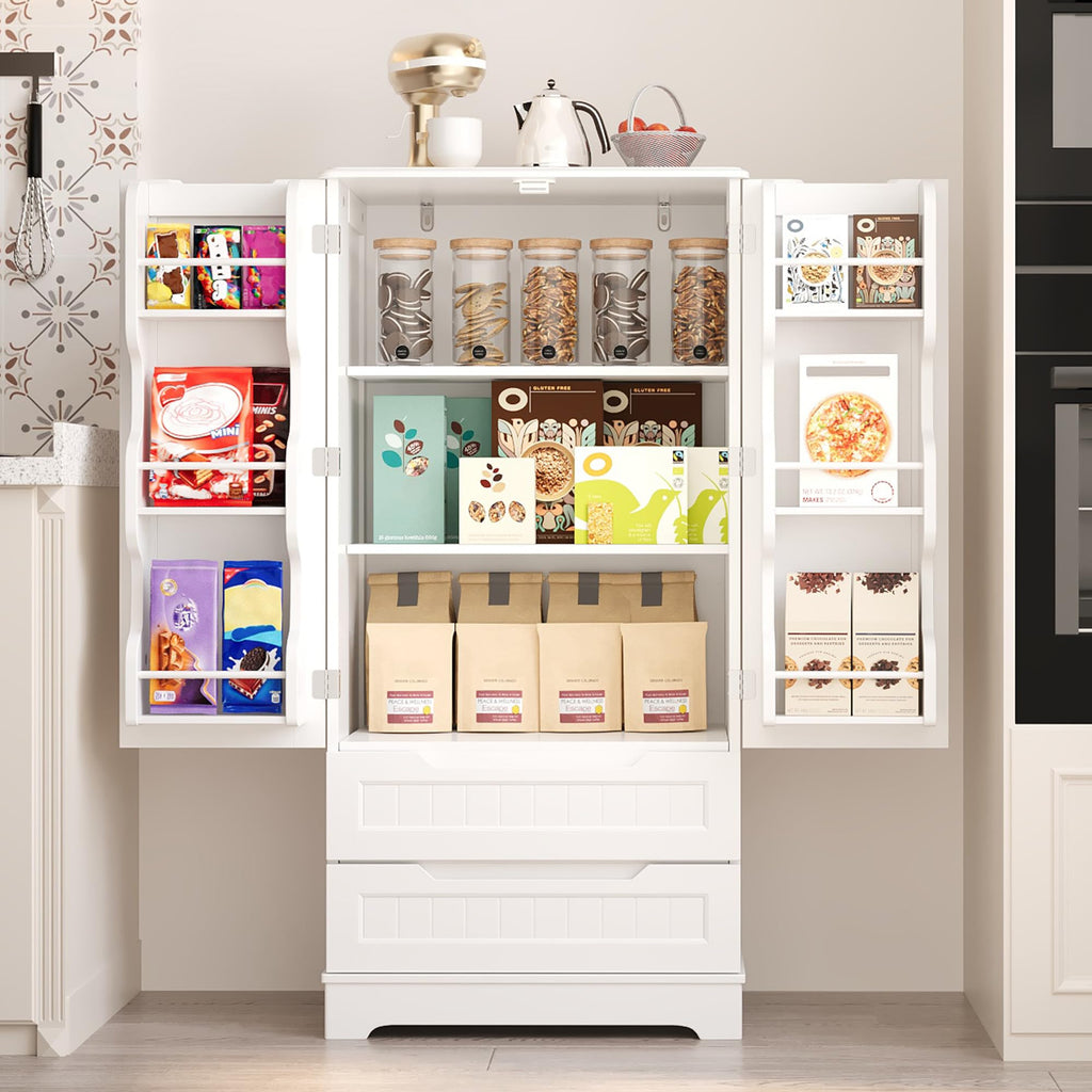 White Pantry Cabinet with 2 Drawers and 6 Door Shelves Z885932