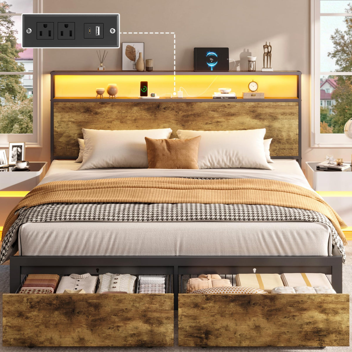 Queen Metal Bed Frame with Storage Headboard and 2 Drawers X59742