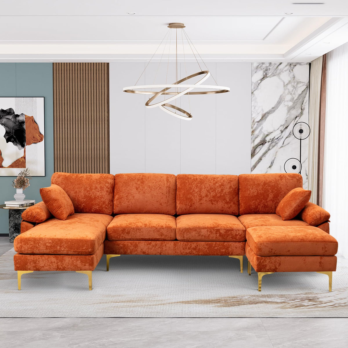 114" U-Shaped Velvet Sectional Couch with Ottoman L621