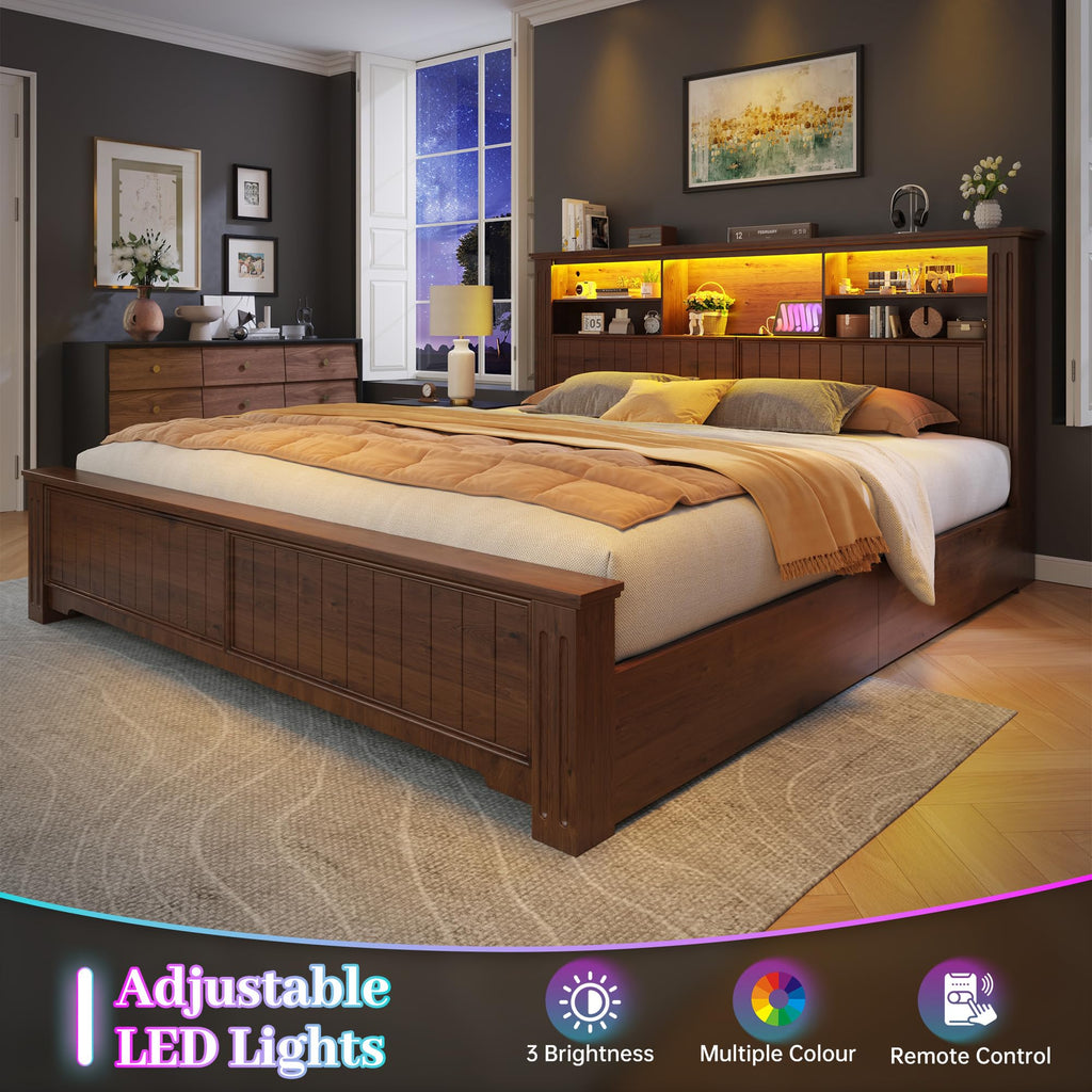 King Bed Frame with 4 Storage Drawers and Headboard Shelf, Brown W531031