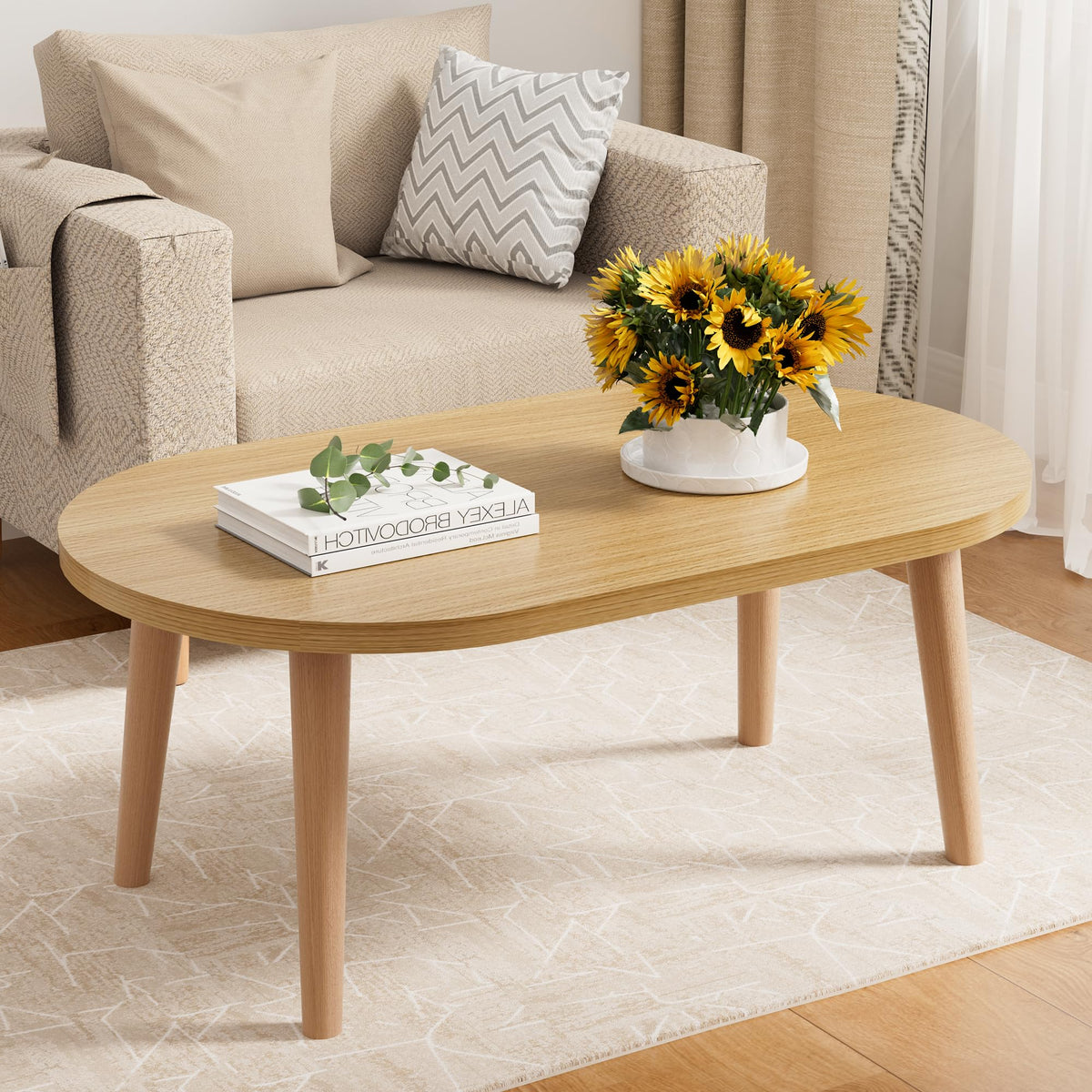 Small Oval Coffee Table with Solid Wood Legs Z8198