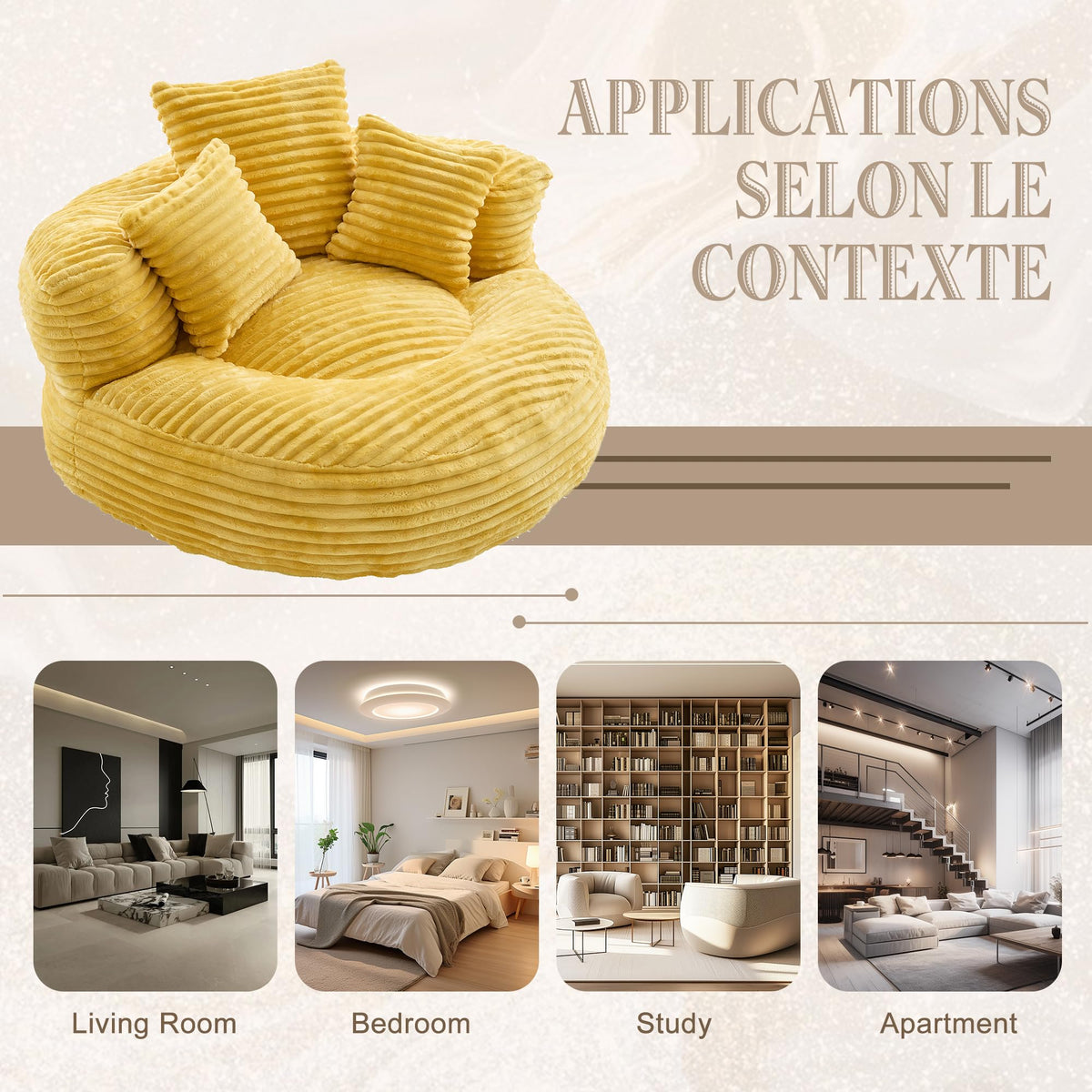 43" Mustard Yellow Corduroy Beanbag Sofa with Memory Foam A5226
