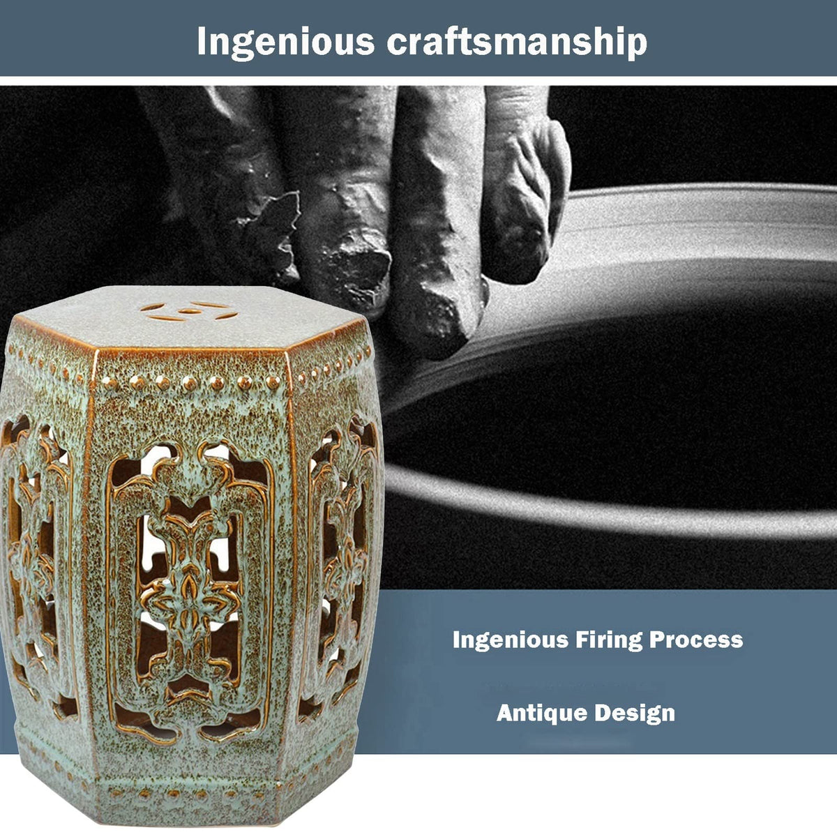 Ceramic Garden Stool Hexagonal Hollow Porcelain Drum Stool T212