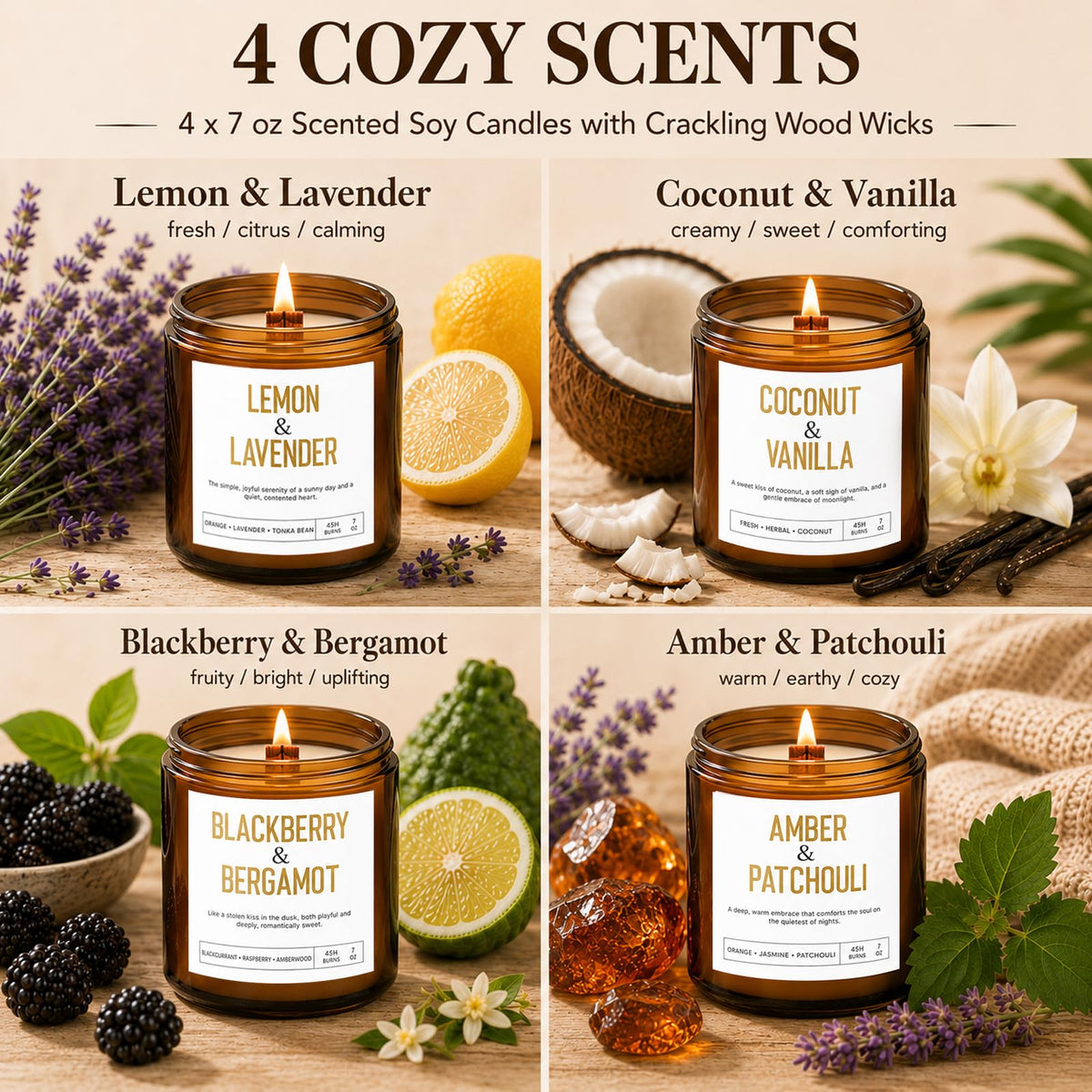 4 Pack Scented Candle Set with Wooden Wick C69119