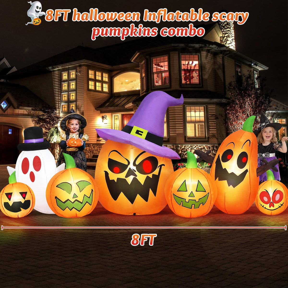 8FT Halloween Inflatables Pumpkin Witch Hat & Ghost Combo D7232