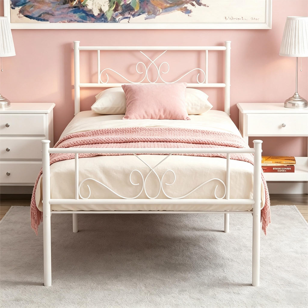 White Metal Twin Size Bed Frame with Headboard C3508