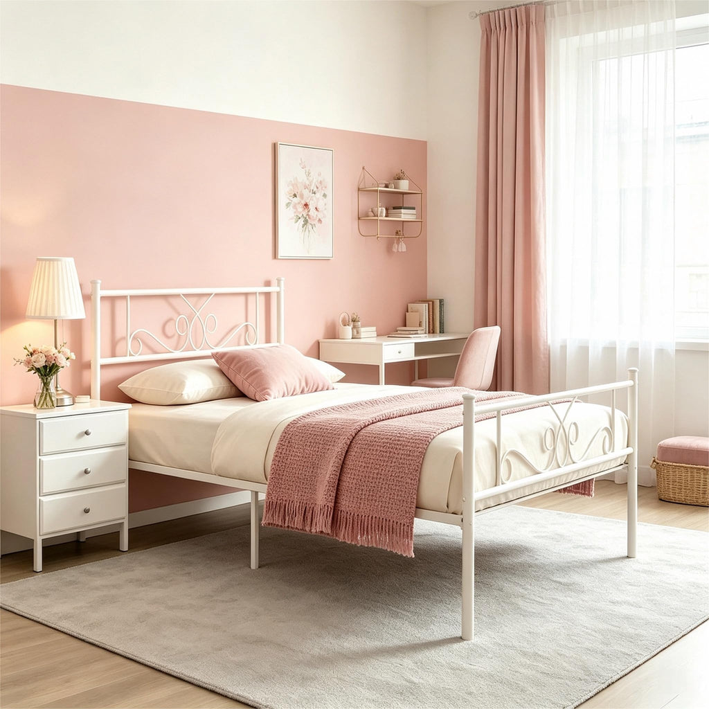 White Metal Twin Size Bed Frame with Headboard C3508
