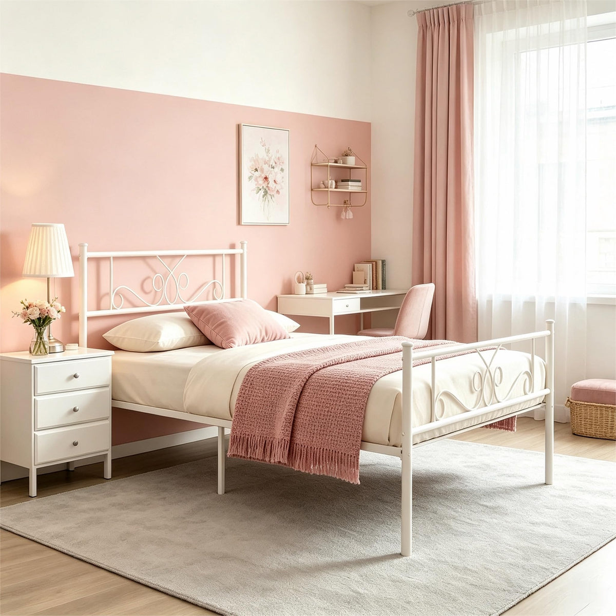 White Metal Twin Size Bed Frame with Headboard C3508