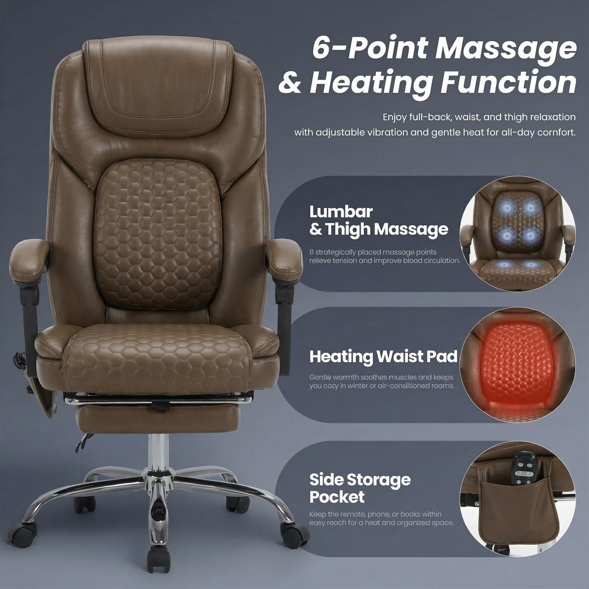 Brown Massage Office Chair with Heat and Footrest Y781141